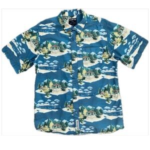 Kavu The Jam Yurt Shirt Button Down Hawaiian Short Sleeve Blue Cotton M - EUC